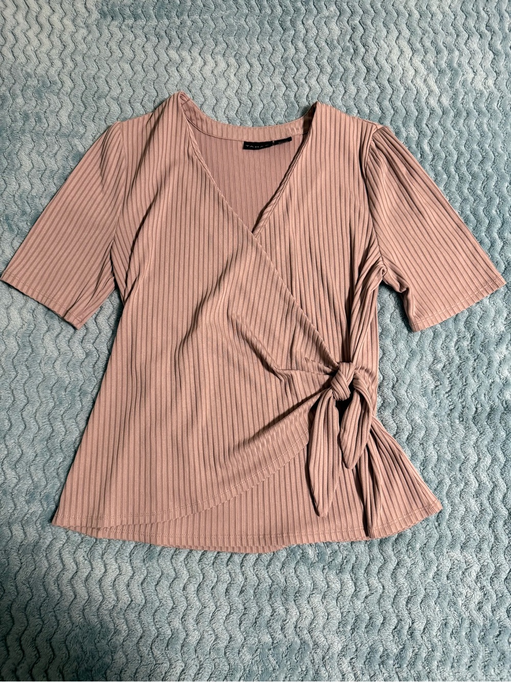 Tahari Dusty Rose Ribbed Side-Tie Wrap Top